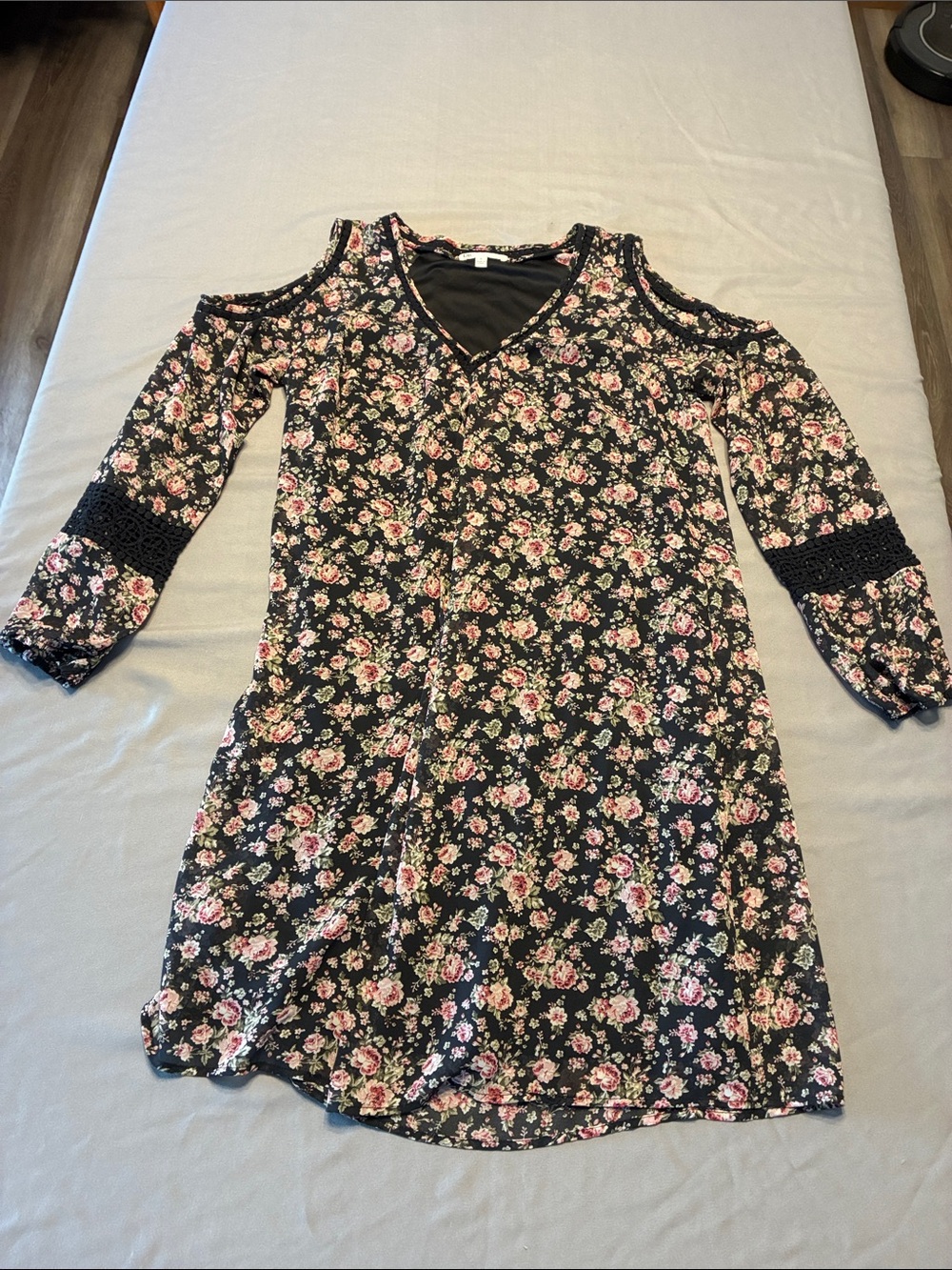 DR2 Black Floral Cold-Shoulder Long Sleeve Dress with Pink Roses